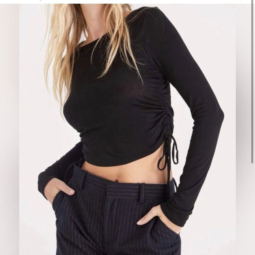 Project Social T Aubrey Ruched Side Long Sleeve Top Black Medium NWT